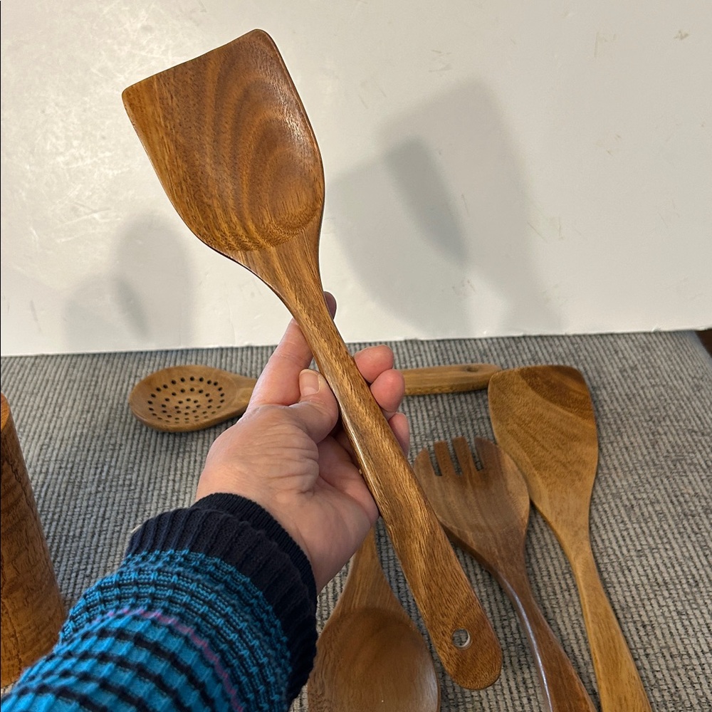 Wooden Utensil Set with Holder 6 pcs spoon spatula fork piece (salad server?) - Picture 8 of 13